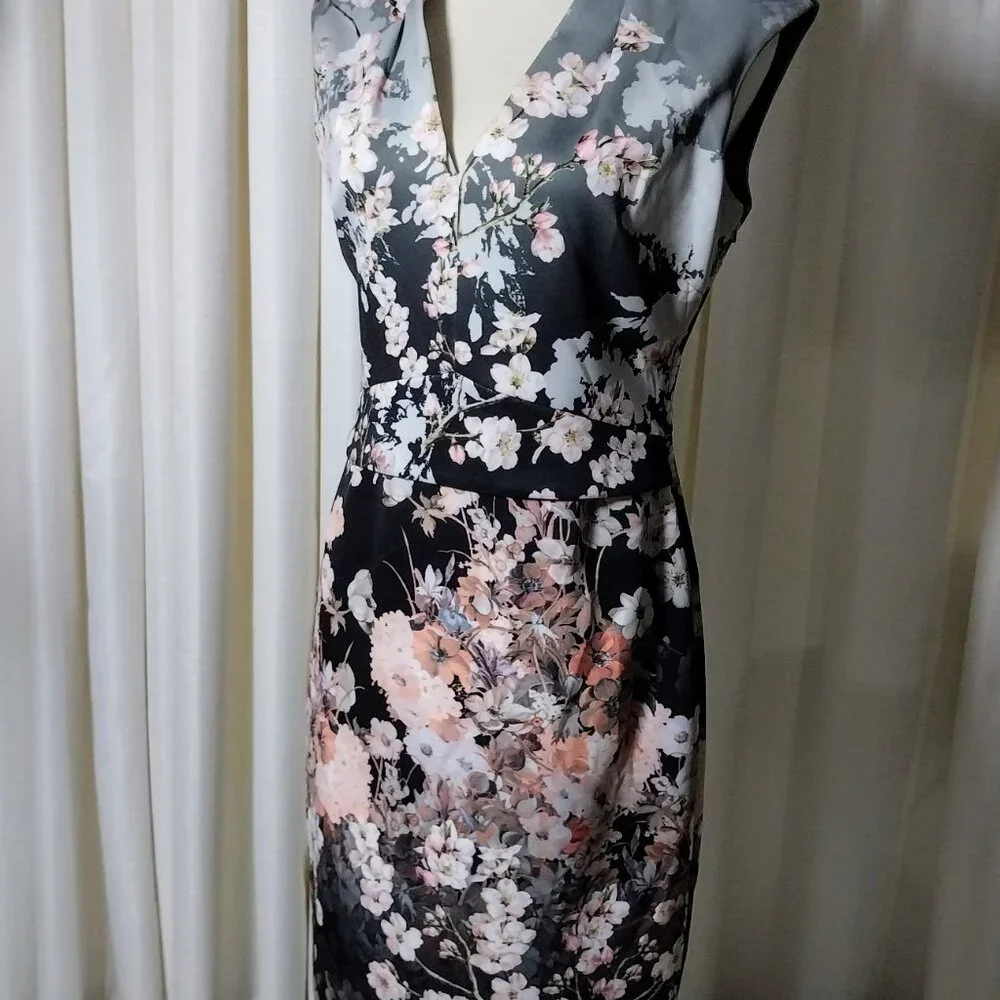 PHASE EIGHT SIZE 10 GRAY & PINK V NECK FLORAL MIDI DRESS - Picture 4 of 12